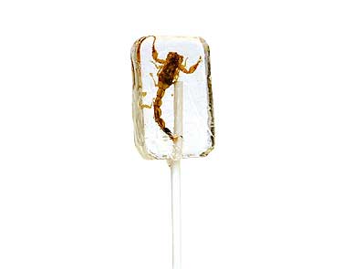 scorpion lollypop - edible insects and pearl dust